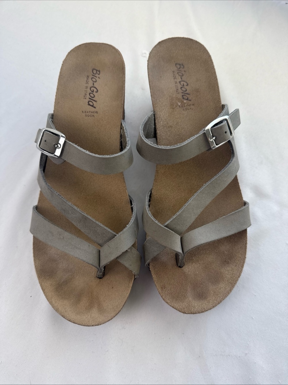 Bio-Gold Women's Taupe Leather Strappy Slide Wedge Sandals Made in Italy Sz 41.5
